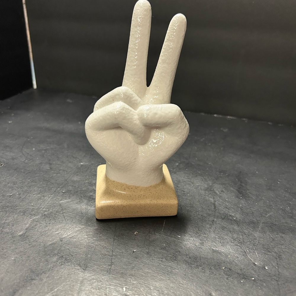 White Ceramic Peace Hand Figurine on Tan Base